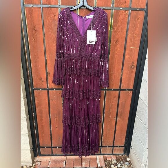 Mac Duggal Embellished Bell Sleeve Tiered Gown Size 12 NWT 5442 BlackBerry - Picture 2 of 11